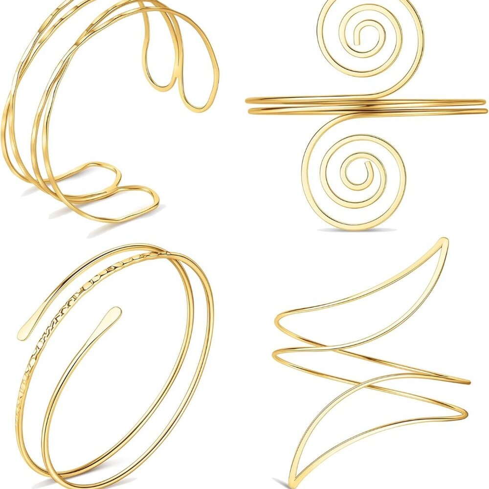 4PCS Gold Arm Cuff Jewelry for Women Upper Arm Cuff Bangle Band Armlet Adjustabl - Picture 1 of 6